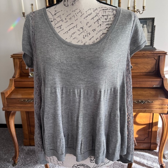 Anthropologie Knitted & Knotted Babydoll Sweater Size L Lace Inset Short Sleeve - Picture 8 of 9